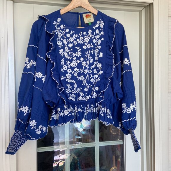 Farm Rio Blue Floral Embroidered Women's Top Size S Boho Peasant Colorful AS IS - Picture 6 of 13